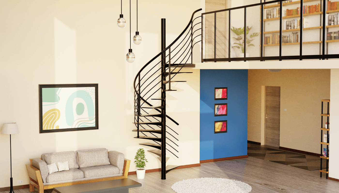 Conception visuel d'ambiance salon en 3D avec escalier tournant