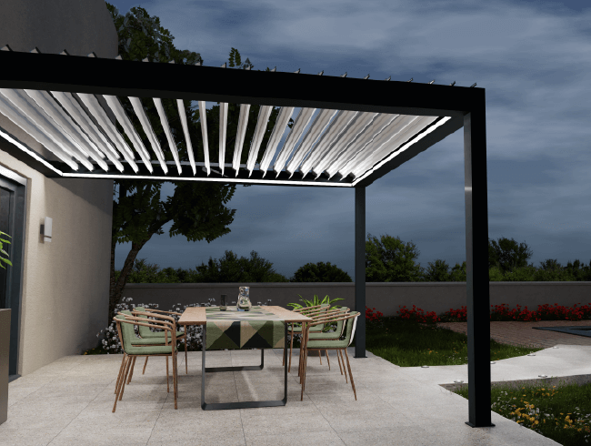 Conception 3D pergola et store banne avec salon de jardin de nuit Conception 3D pergola et store banne avec salon de jardin de nuit