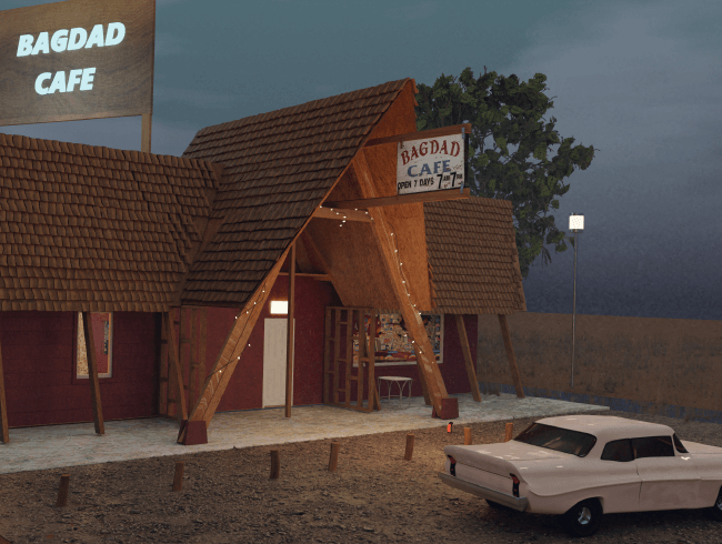 Conception 3D du musée Bagdad Café pour le metaverse de Monopole Conception 3D du musée Bagdad Café pour le metaverse de Monopole